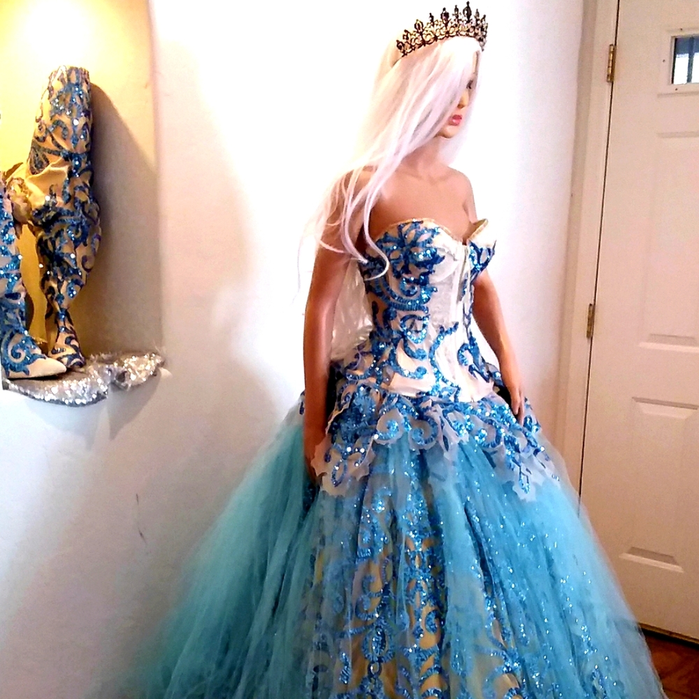 SAMPLE GOWN ONLY"ARIA" Blue Sequin Damask Wedding Ballgown Set
